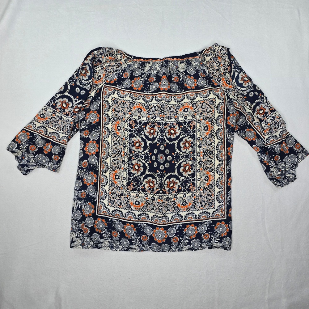 New Directions Petite large Floral Print Top Bell Sleeve Blue Orange Blouse boho